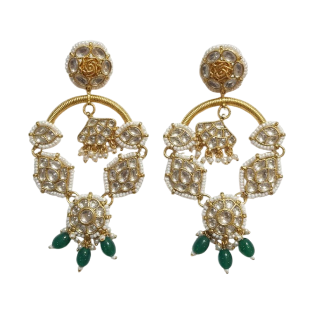 Gold-Plated Kundan Hoop Earrings with Green Beads for Women