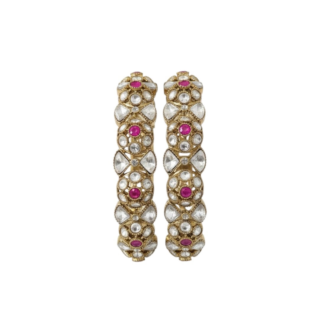 Gold-plated Kundan bangles with pink stone and white crystal detailing for women