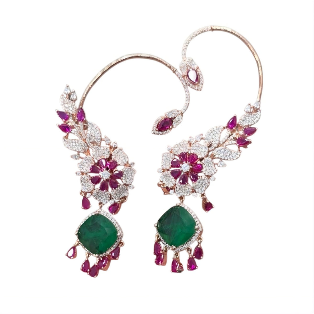 Rose gold American diamond ear cuff earrings with ruby pink pear stones, pavé floral design and emerald green cushion-cut drop
