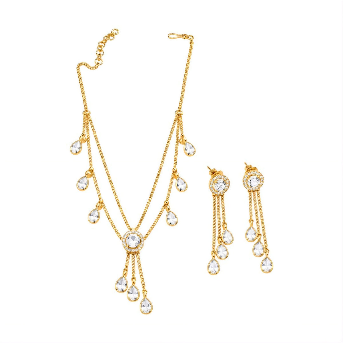 Gold plated double-chain necklace set with pear-shaped zircon drops and matching tassel earrings
