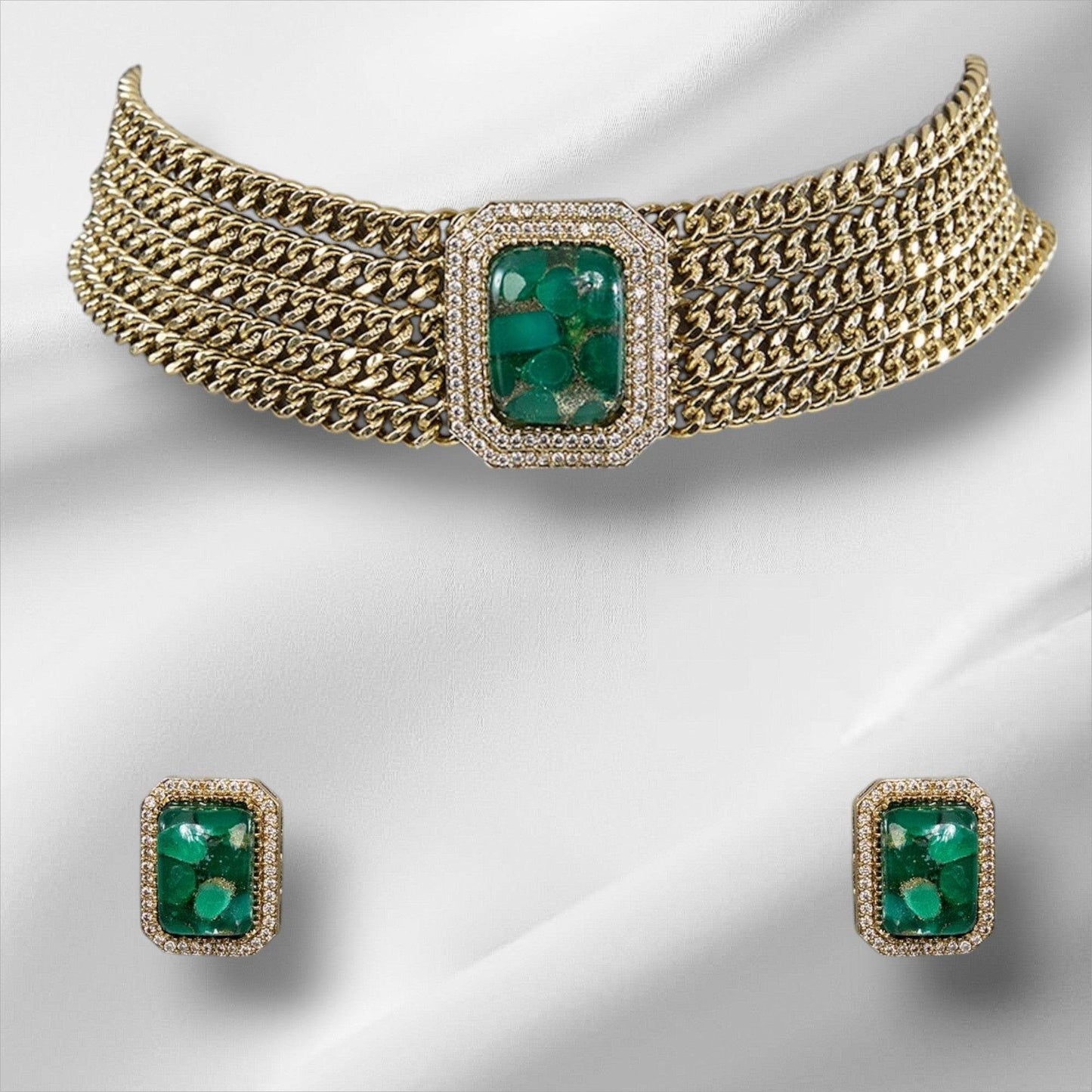 Vintage Emerald Green Choker and Stud Earrings Set - Auraa Trends