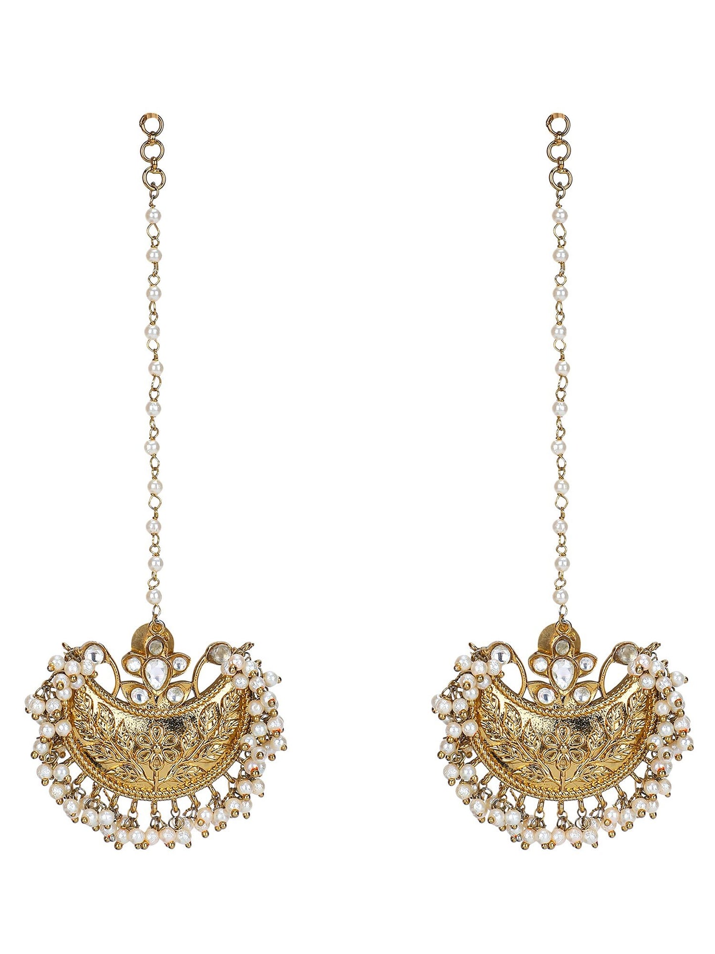 Vintage Gold Bridal Ear Cuff Earrings with Pearl Chains and Kundan Embellishments - Auraa Trends - Earrings - - Auraa Trends - Antique gold ear cuff earrings featuring white Kundan, pearl clusters, and chain drop for bridal use