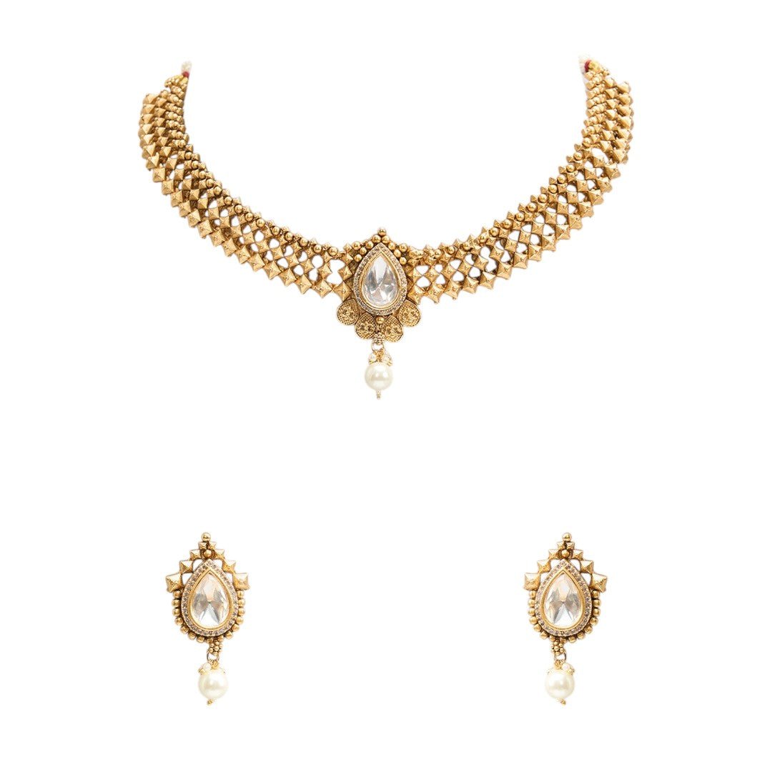 Vintage Gold Choker Necklace Collection Featuring Pearl Drop Accents - Auraa Trends - Choker - - Auraa Trends - Antique gold choker necklace set with matching teardrop earrings, pearlesque drop accents and pyramid design motifs on a light grey background