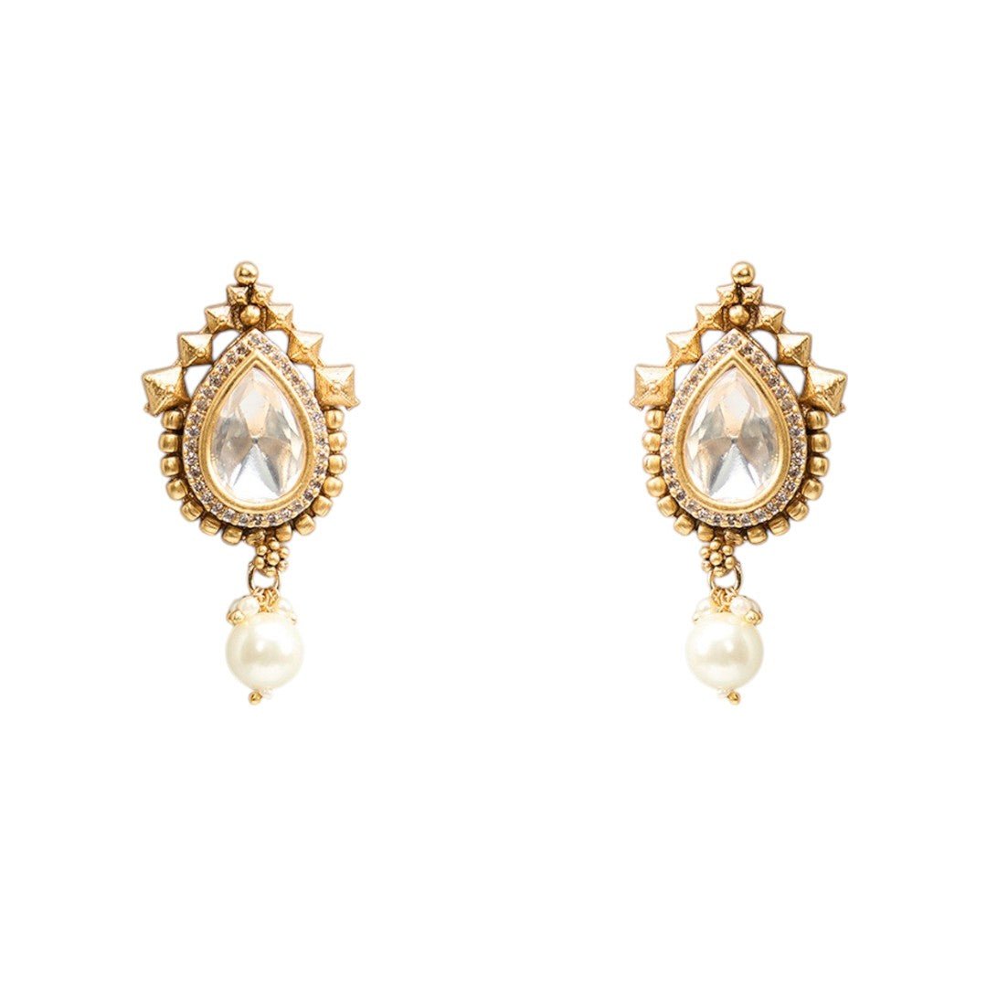 Vintage Gold Choker Necklace Collection Featuring Pearl Drop Accents - Auraa Trends - Choker - - Auraa Trends - Antique gold choker necklace set with matching teardrop earrings, pearlesque drop accents and pyramid design motifs on a light grey background