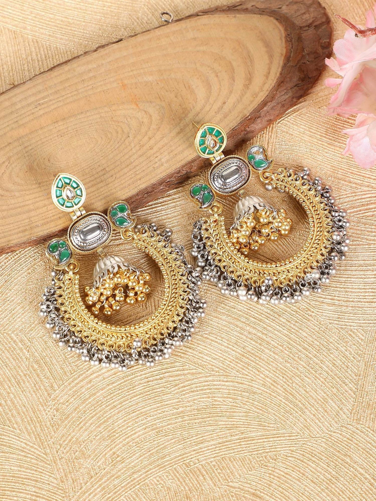 Vintage Gold Silver Double Tone Hoop Earrings with Green Kundan and Dome Jhumka - Auraa Trends