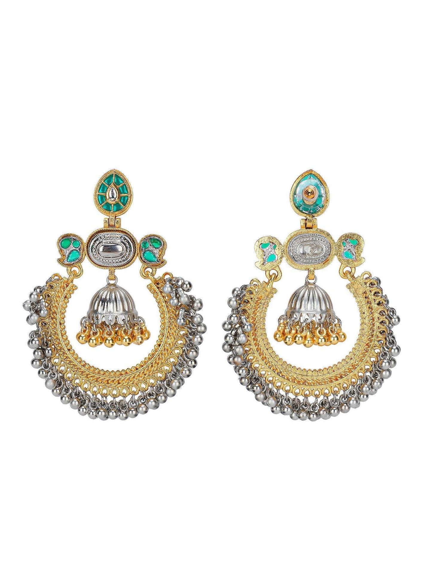 Vintage Gold Silver Double Tone Hoop Earrings with Green Kundan and Dome Jhumka - Auraa Trends