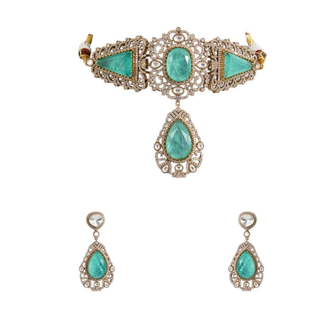 Vintage-Inspired Mint Green Stone Choker Necklace Set with Antique Gold Finish - Auraa Trends