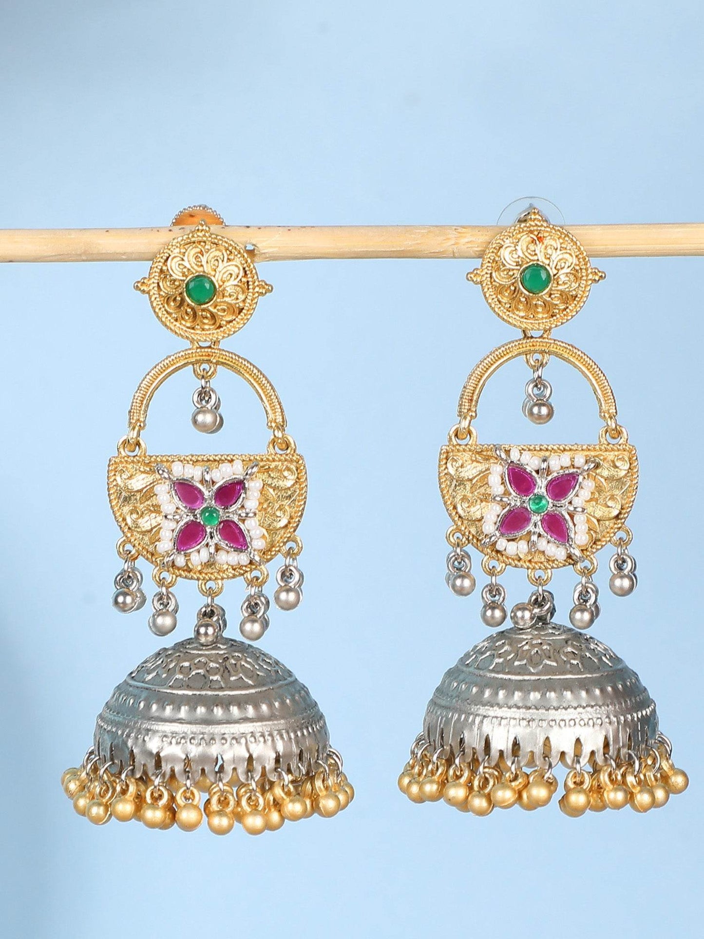 Vintage Oxidized Silver Gold Plated Jhumka Earrings with Kundan Pearl Embellishments - Auraa Trends