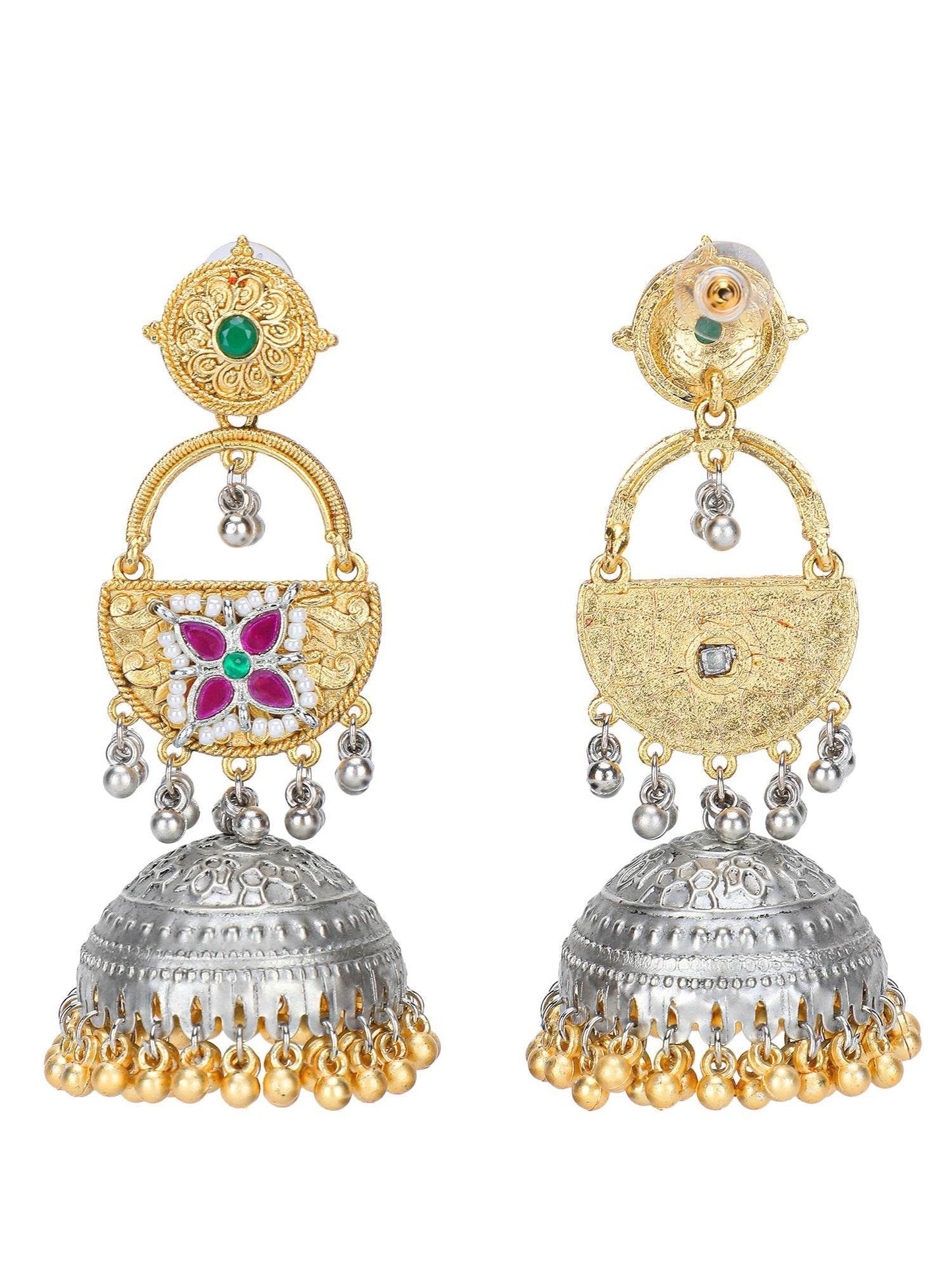 Vintage Oxidized Silver Gold Plated Jhumka Earrings with Kundan Pearl Embellishments - Auraa Trends