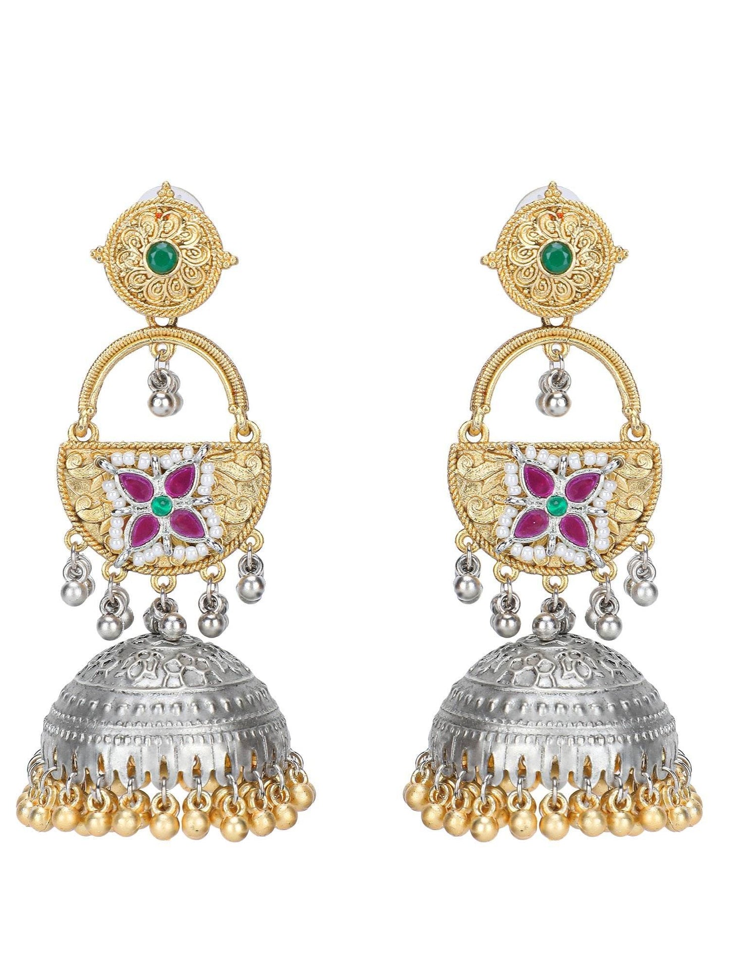 Vintage Oxidized Silver Gold Plated Jhumka Earrings with Kundan Pearl Embellishments - Auraa Trends