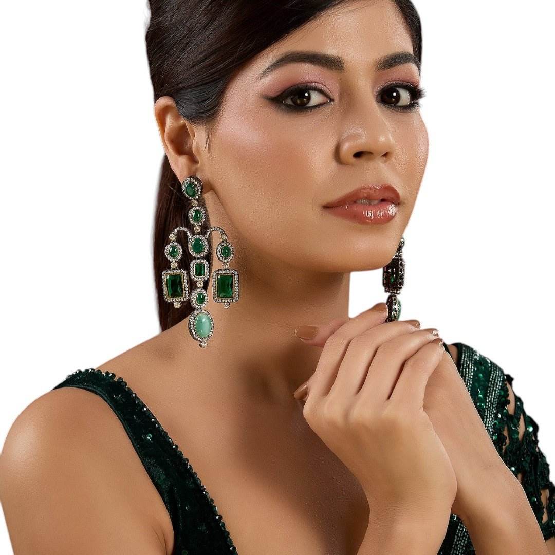 Vintage-Style Emerald Green Stone Statement Earrings with Diamond Accents - Auraa Trends
