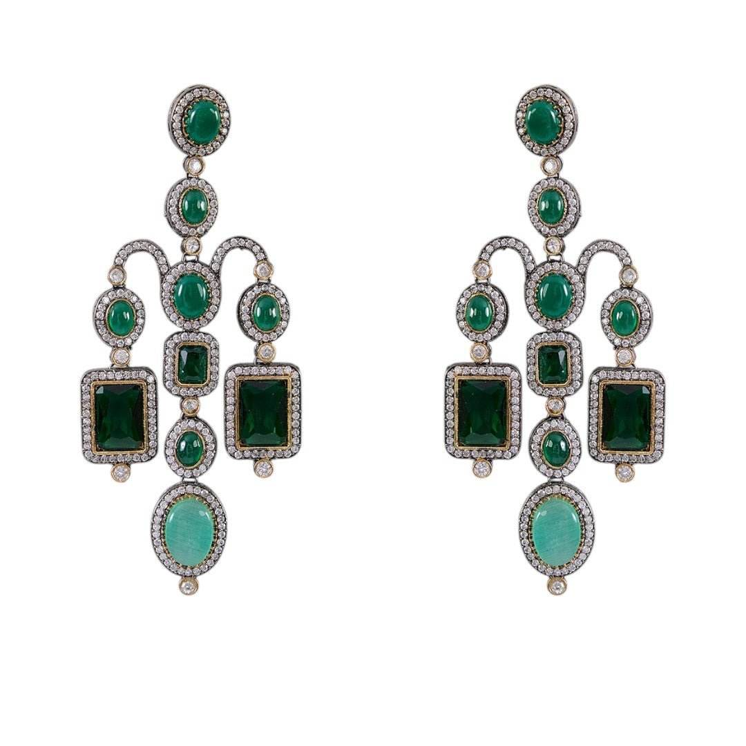 Vintage-Style Emerald Green Stone Statement Earrings with Diamond Accents - Auraa Trends