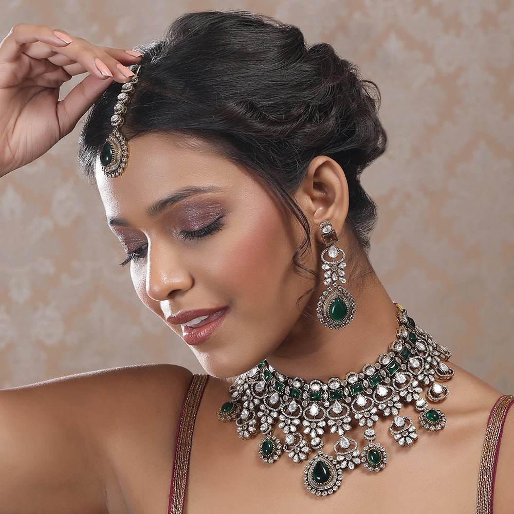 Wedding Necklace Set Gold And Green - Auraa Trends