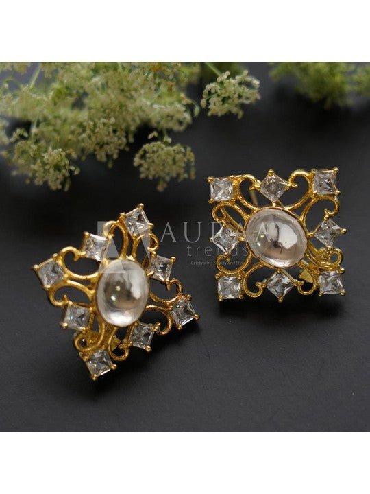 White Contemporary Kundan Studs Earrings - Auraa Trends - Studs - # - Auraa Trends - White Contemporary Kundan Studs Earrings