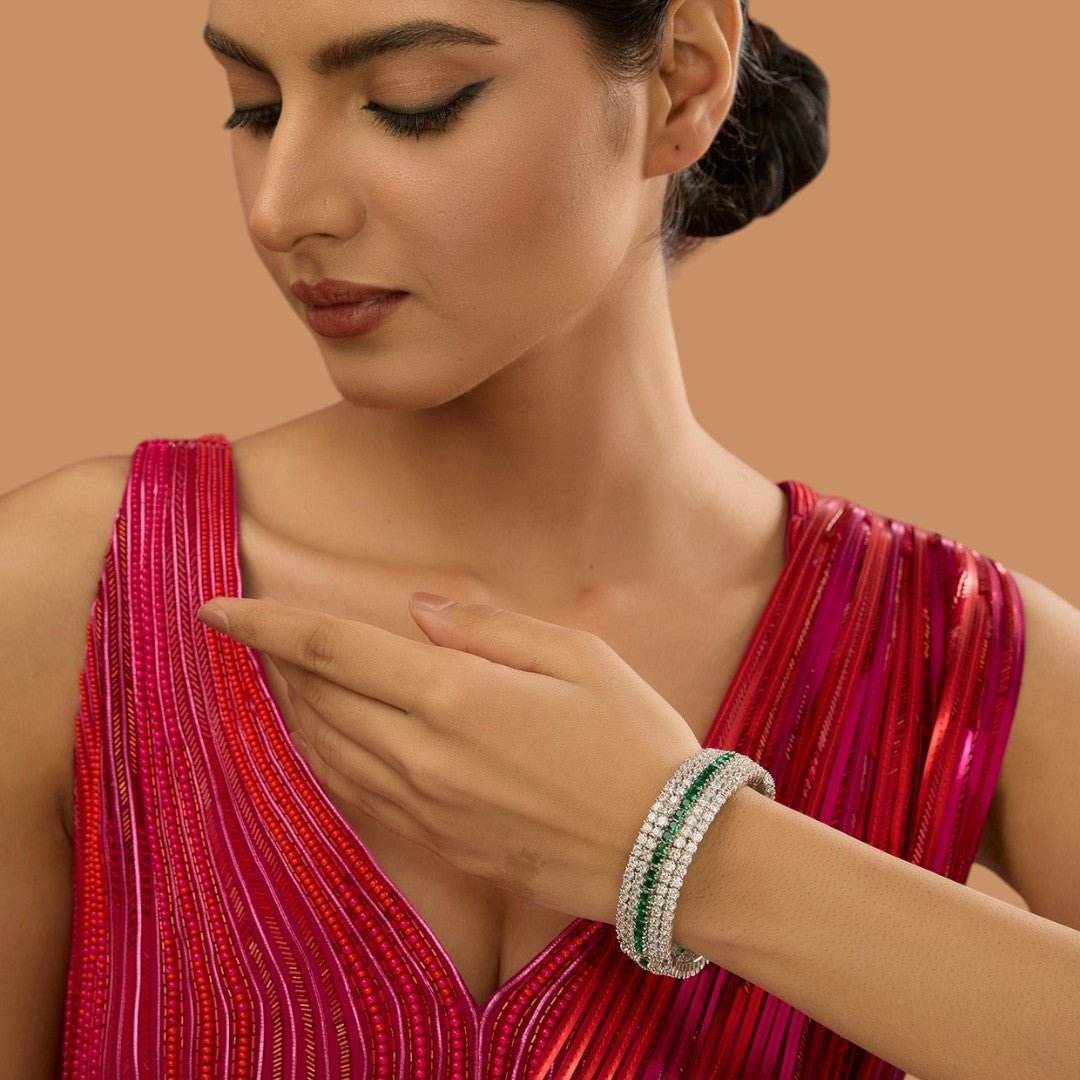 White Finish Green Zircon Bangle - Auraa Trends