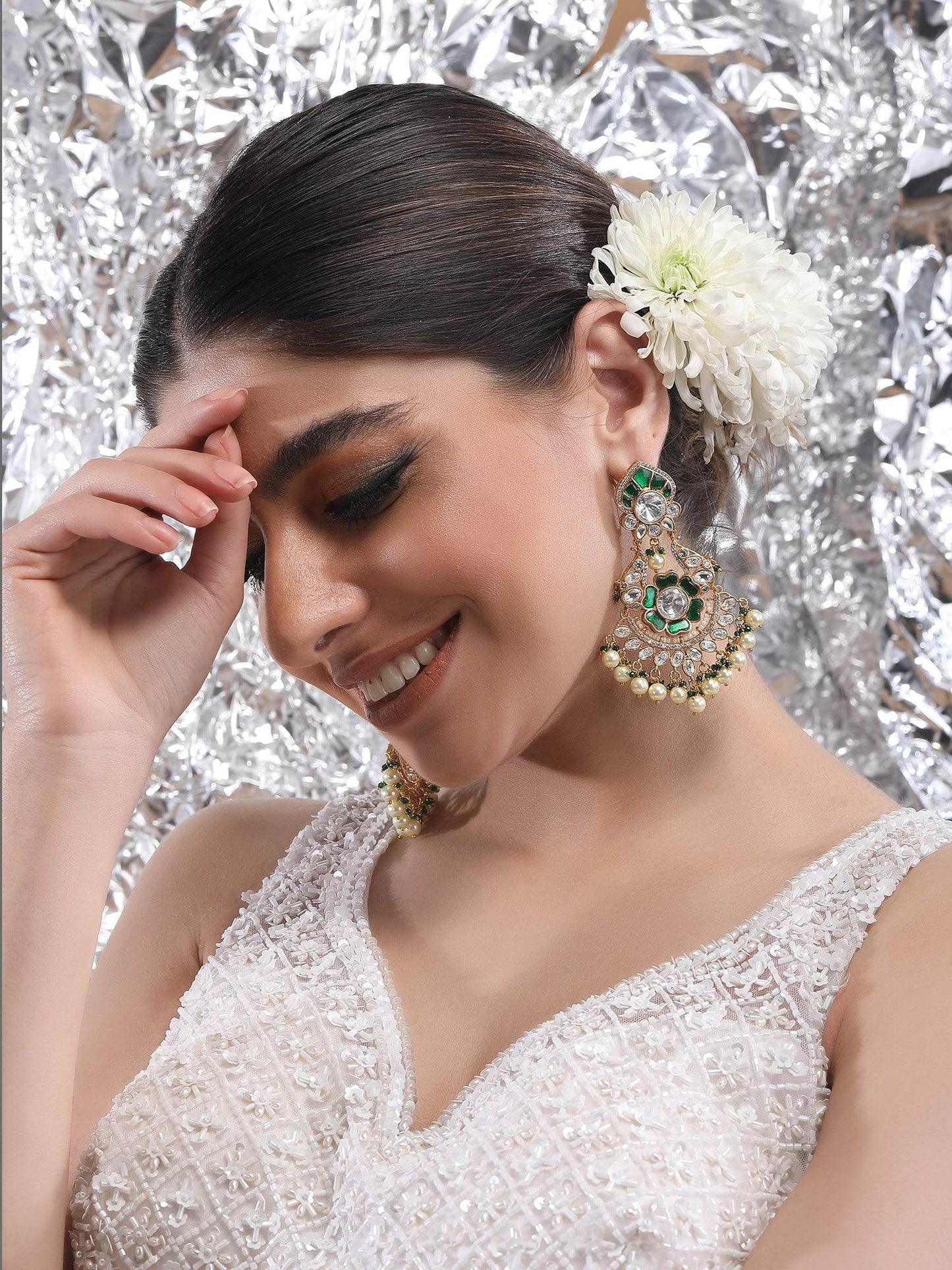 White, Gold & Green Kundan Polki Pearl Earrings - Auraa Trends