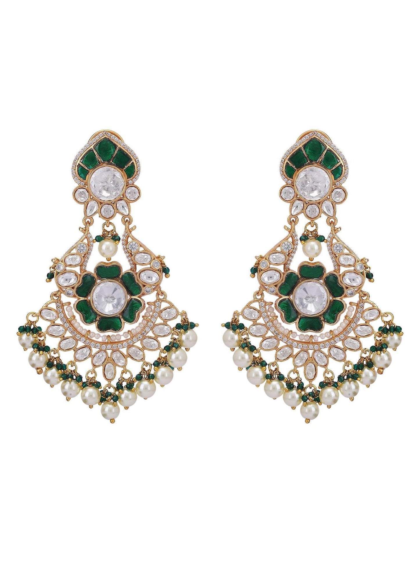 White, Gold & Green Kundan Polki Pearl Earrings - Auraa Trends