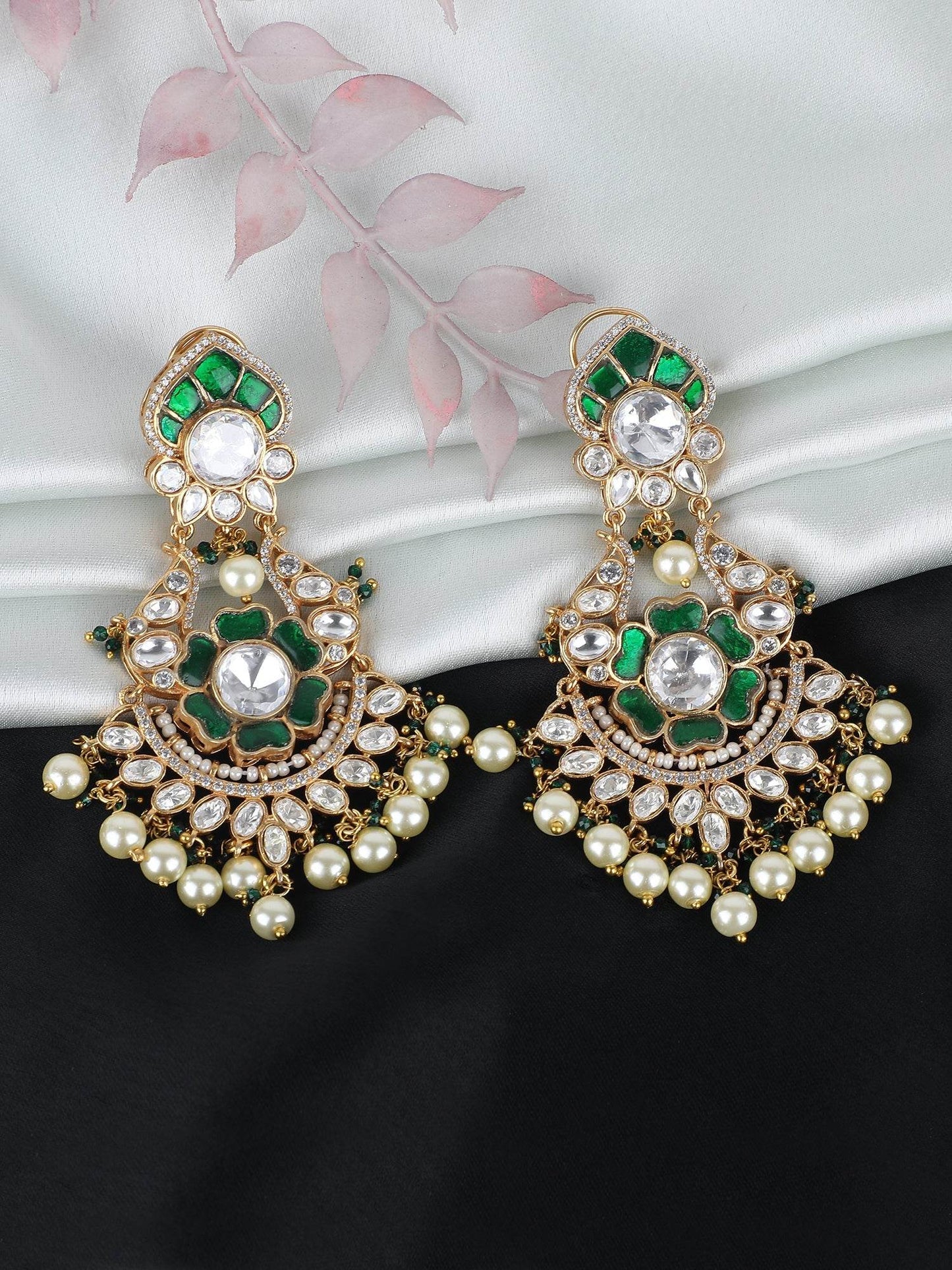 White, Gold & Green Kundan Polki Pearl Earrings - Auraa Trends