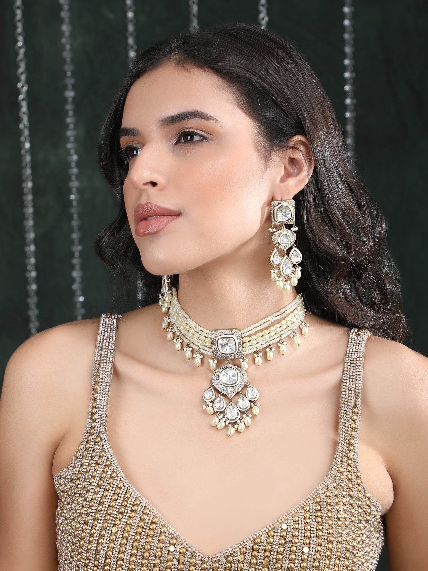 White Rhodium Finish Zircon Choker Necklace Set - Auraa Trends