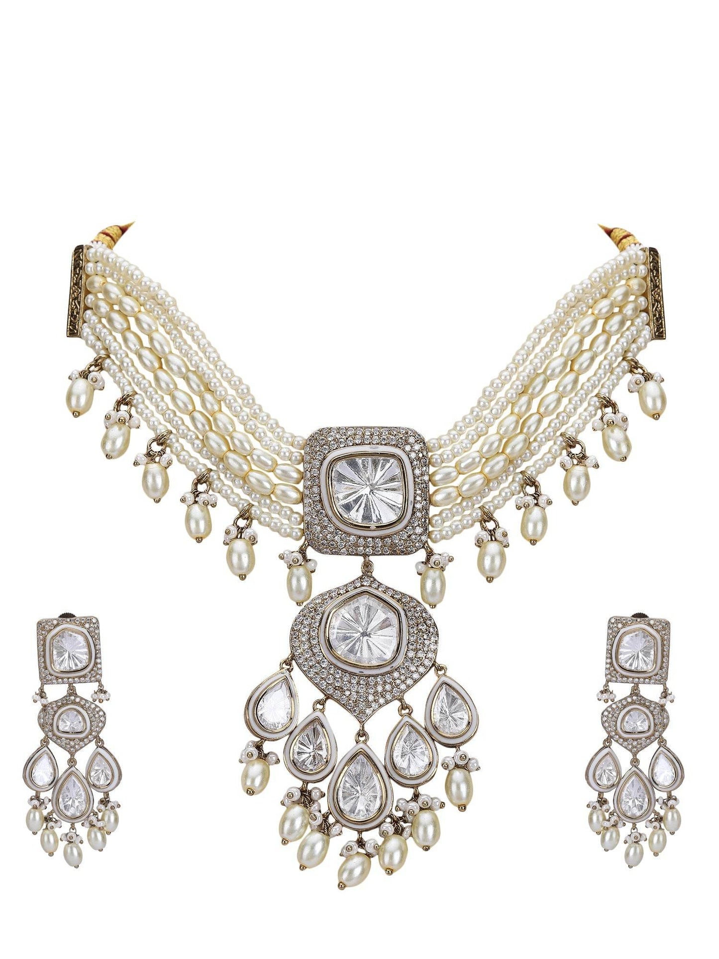 White Rhodium Finish Zircon Choker Necklace Set - Auraa Trends