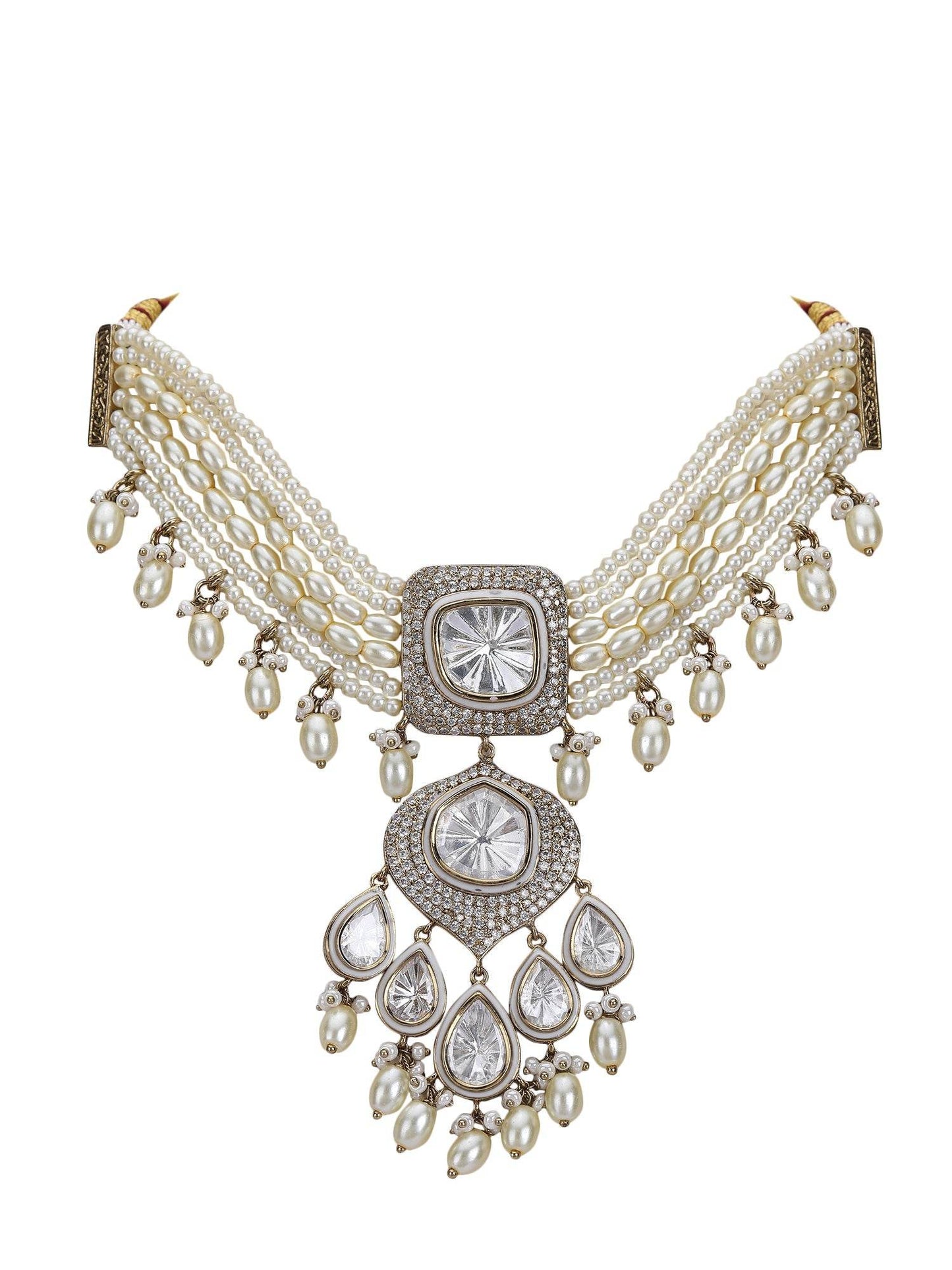White Rhodium Finish Zircon Choker Necklace Set - Auraa Trends