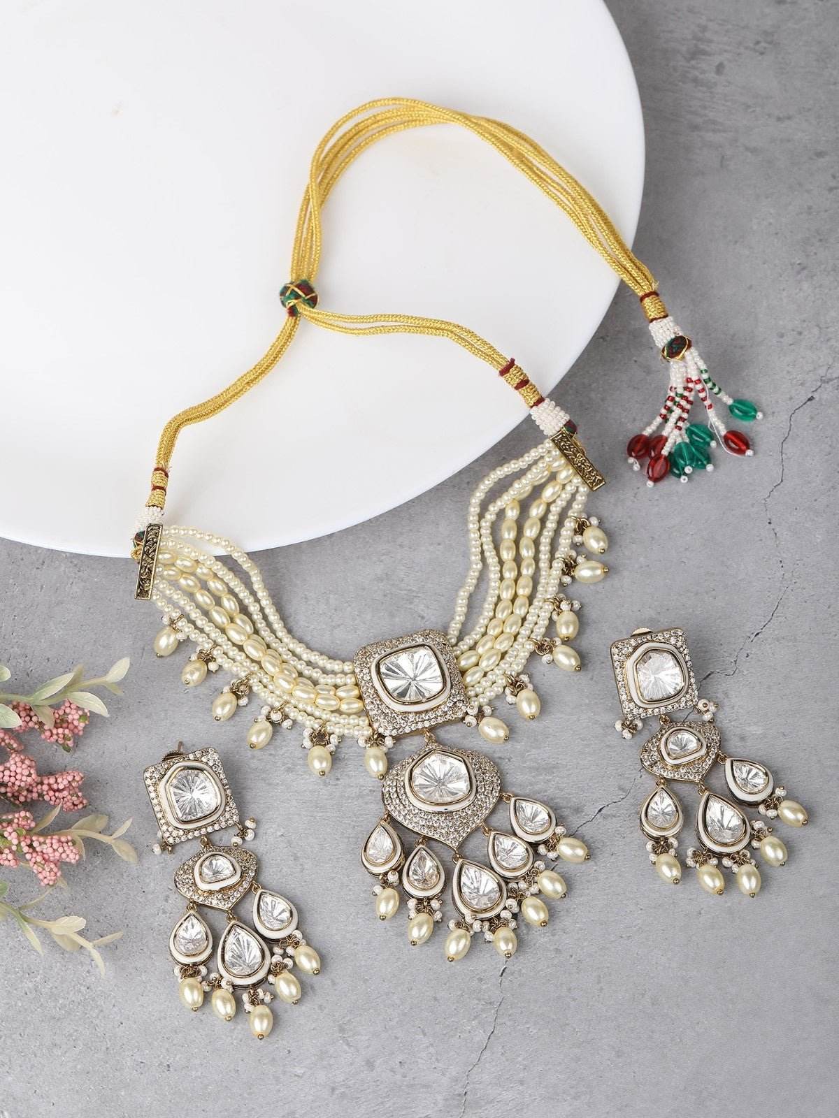 White Rhodium Finish Zircon Choker Necklace Set - Auraa Trends