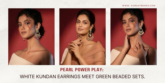 Pearl Power Play: White Kundan Earrings Meet Green Beaded Sets