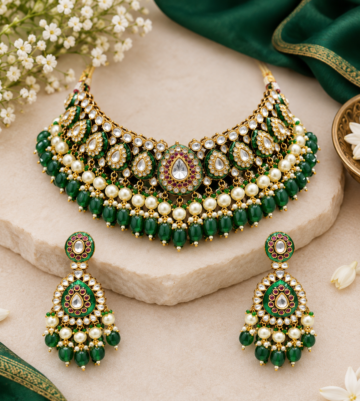 Gold-finish green meenakari kundan polki bridal choker necklace set with pearl and emerald bead drops and matching chandelier earrings