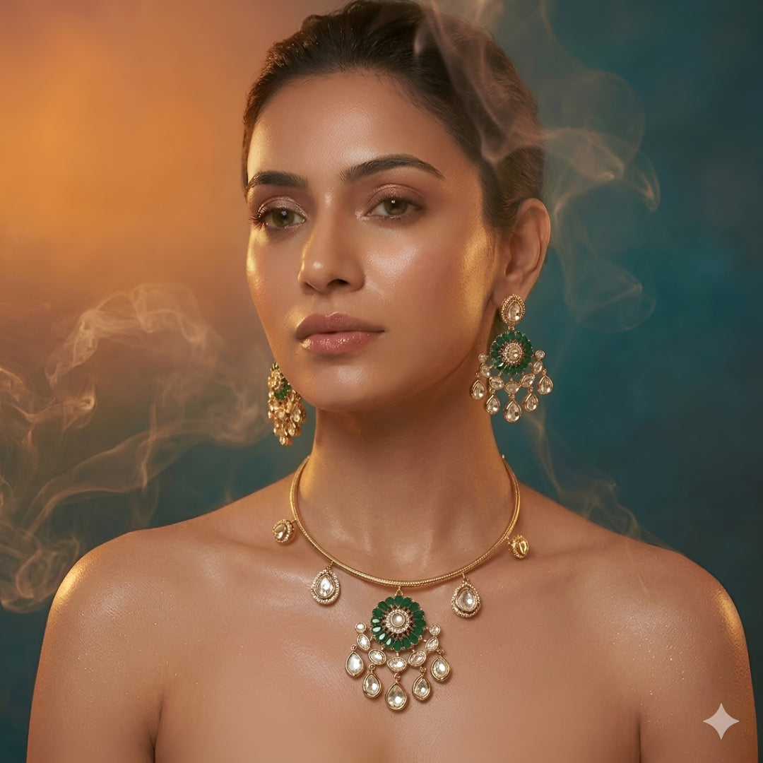 Green Stone Gold Plated Choker Necklace Set with Matching Earrings for Women