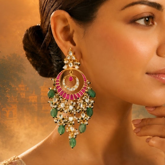 Pink Meenakari Kundan Chandbali Earrings for Women