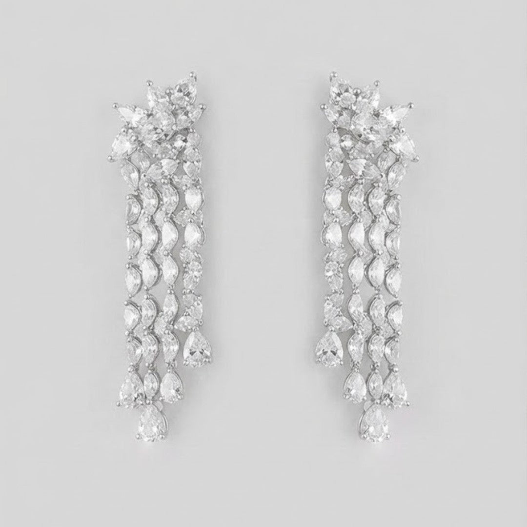 Luxury American Diamond Choker Necklace Set with Long Tassel Earrings Rhodium Plated Bridal Wedding Jewelry
