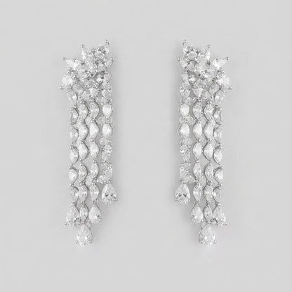 Luxury American Diamond Choker Necklace Set with Long Tassel Earrings Rhodium Plated Bridal Wedding Jewelry