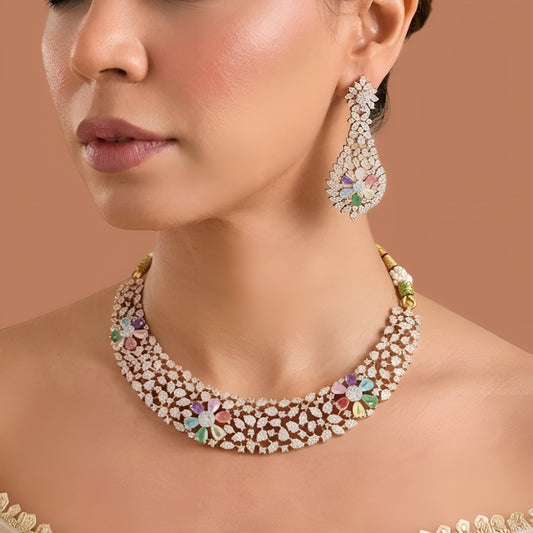 Matching rose gold zircon drop earring with colourful floral base