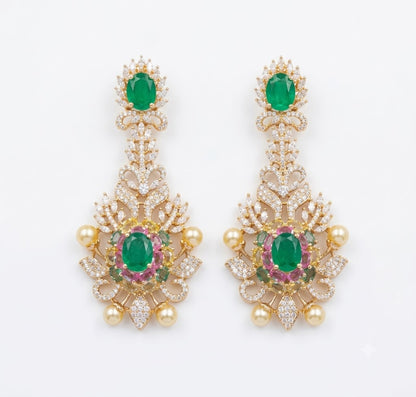 Rose gold plated emerald green American diamond long chandelier earrings with pink stones and pearl 