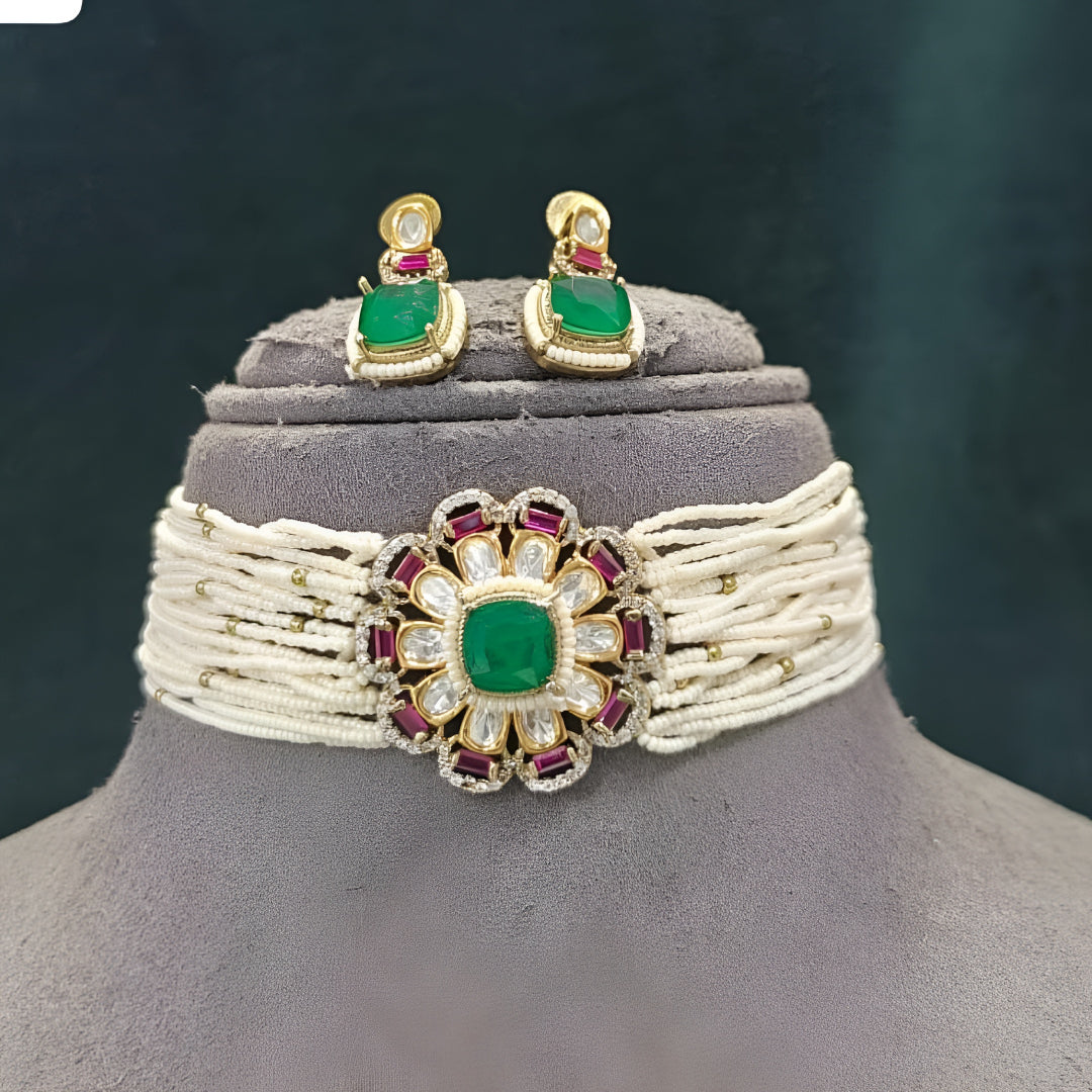 Kundan Pearl Choker Set with Green Stone Earrings