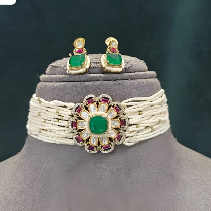 Kundan Pearl Choker Set with Green Stone Earrings