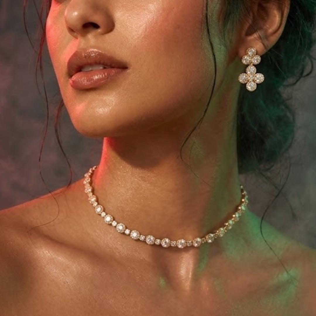Gold-tone American Diamond necklace set with floral drop earrings