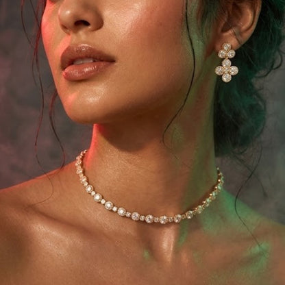 Gold-tone American Diamond necklace set with floral drop earrings