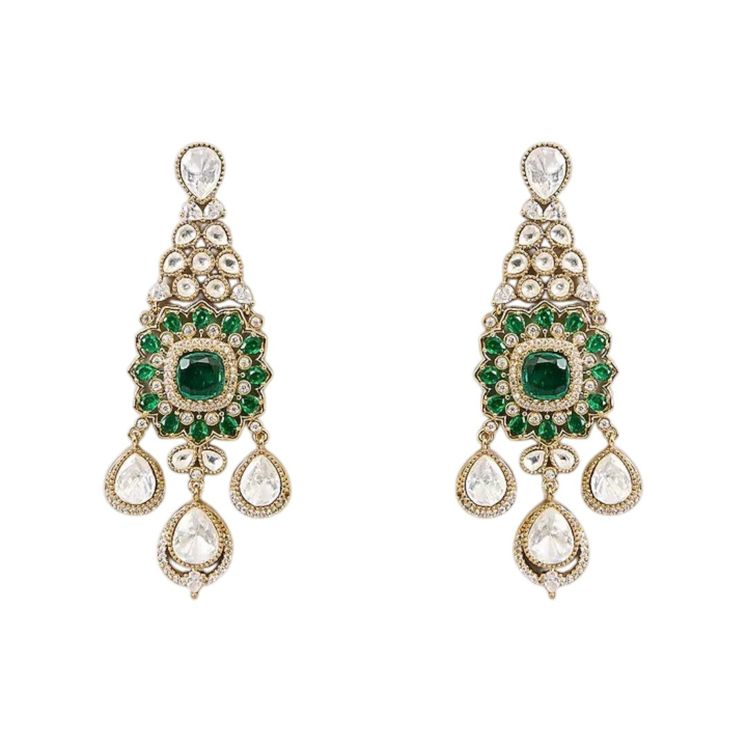 "Antique gold Kundan choker necklace with cushion-cut emerald center and polki teardrop drops, matching chandelier earrings"
