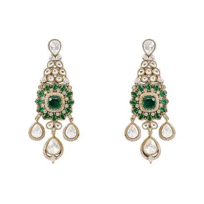 "Antique gold Kundan choker necklace with cushion-cut emerald center and polki teardrop drops, matching chandelier earrings"