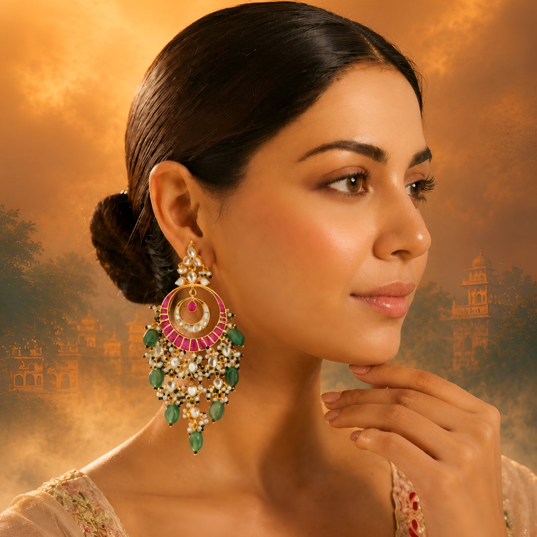 Pink meenakari Kundan chandbali earrings with green stone beads and pearl drops in antique gold finish for women.