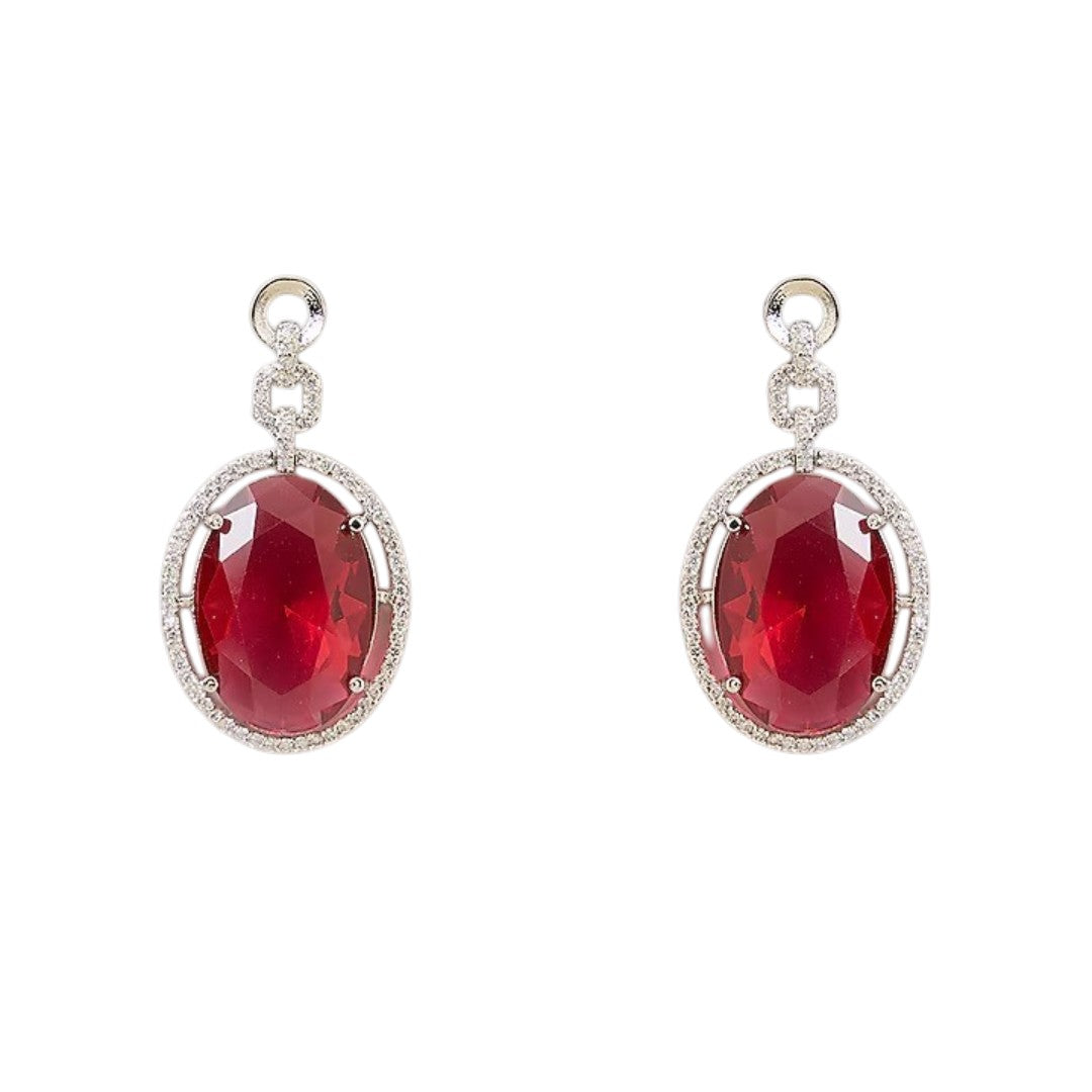 Silver plated American Diamond necklace set with ruby red oval pendant and matching drop earrings