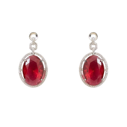 Silver plated American Diamond necklace set with ruby red oval pendant and matching drop earrings