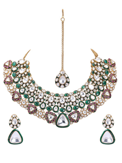 Gold Finish Green Kundan Polki & Beaded Necklace Set