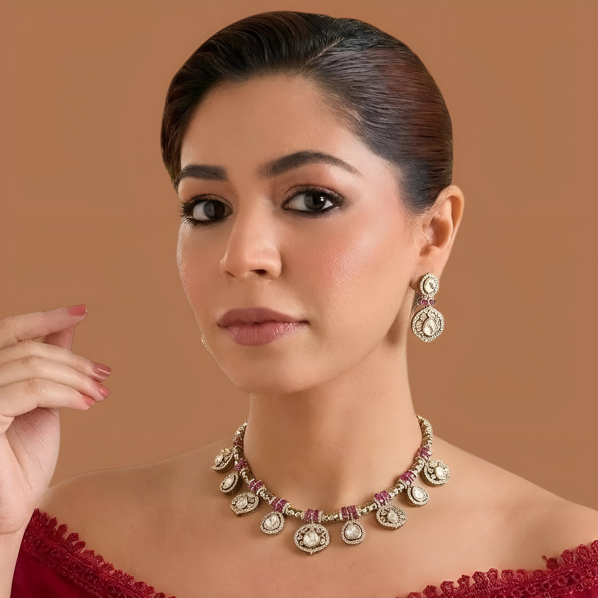 Antique gold finish Victorian kundan necklace set with polki-style medallions, ruby pink stone clusters, zircon halos and matching drop earrings – Auraa Trends