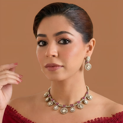 Antique gold finish Victorian kundan necklace set with polki-style medallions, ruby pink stone clusters, zircon halos and matching drop earrings – Auraa Trends