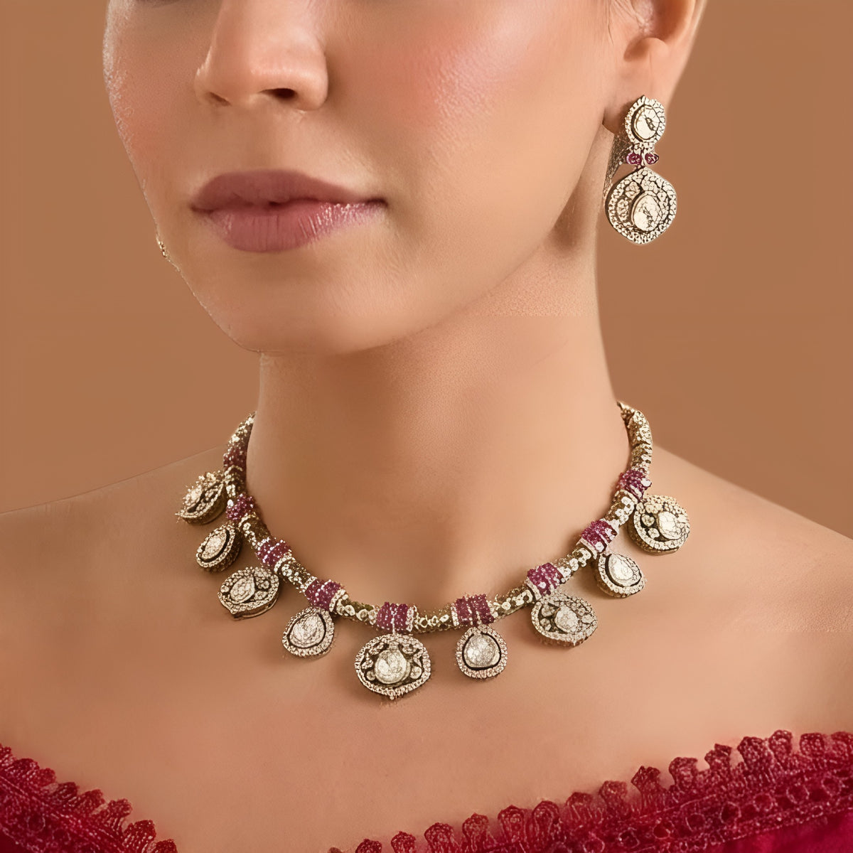 Antique gold finish Victorian kundan necklace set with polki-style medallions, ruby pink stone clusters, zircon halos and matching drop earrings – Auraa Trends