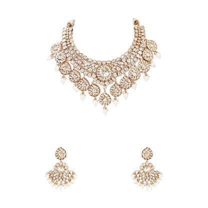 Gold-tone polki kundan choker necklace with teardrop medallions and pearl drops, shown with matching chandelier earrings