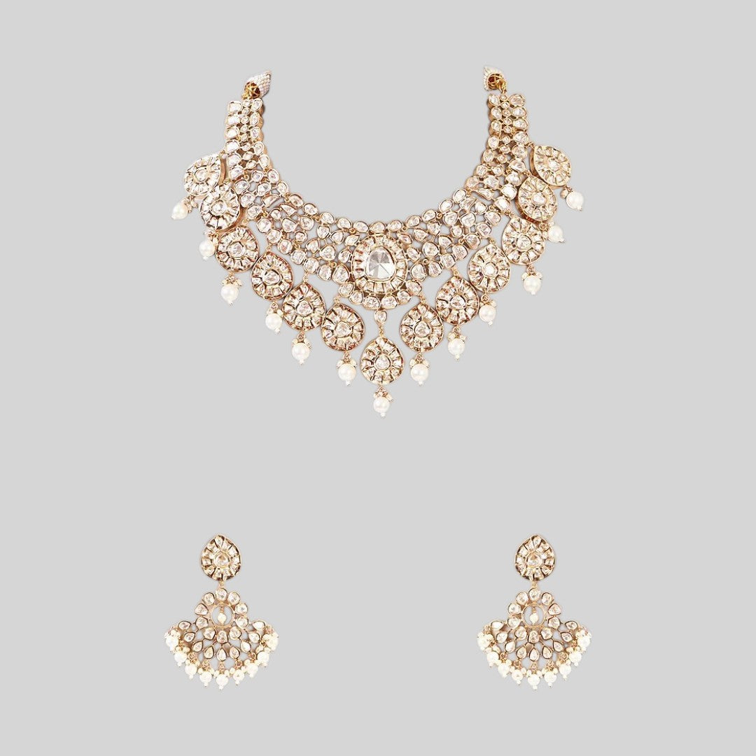 Polki Kundan Choker Necklace Set with Pearl Drops