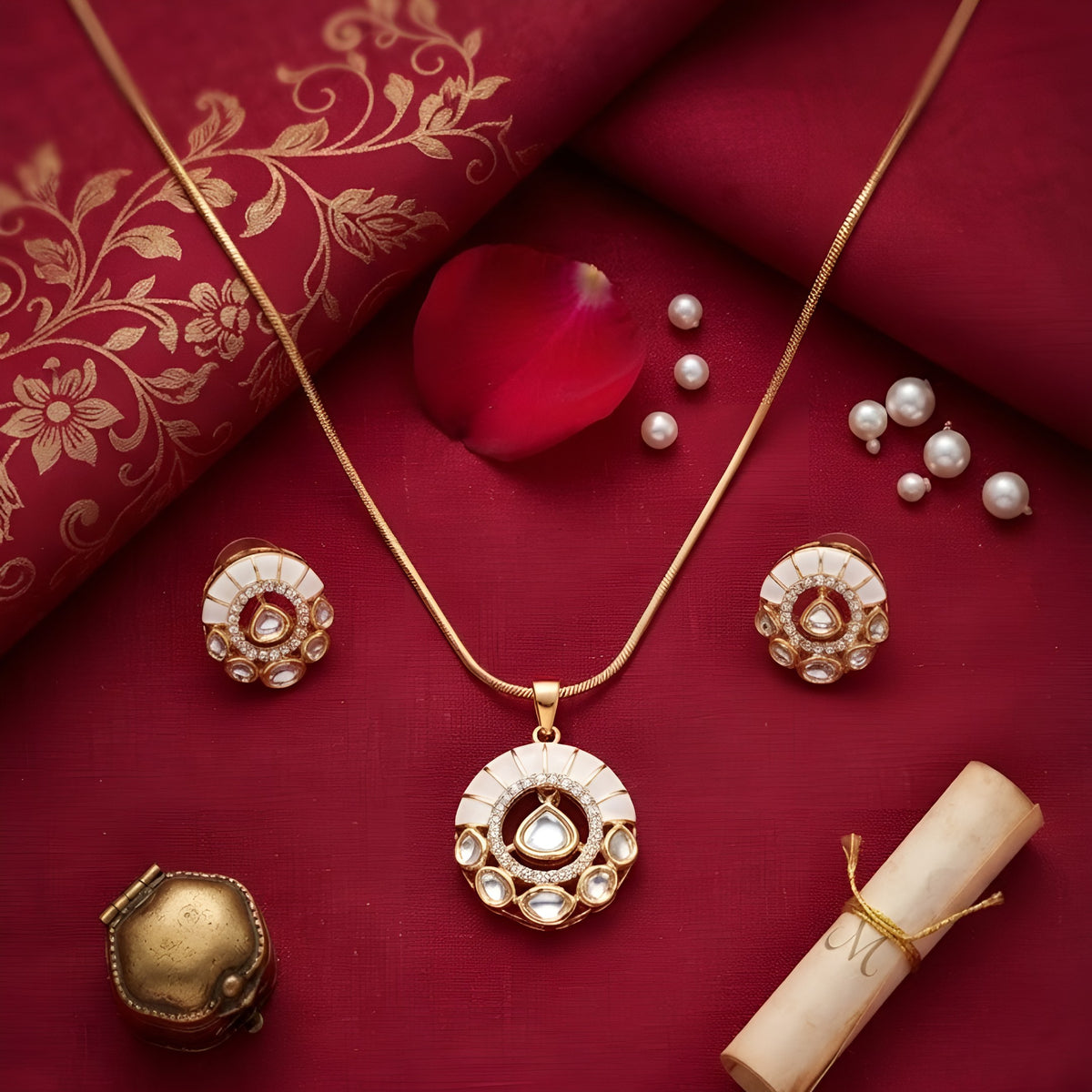 Gold plated round white enamel kundan pendant necklace on a snake chain